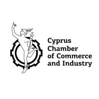 Cyprus Chamber of Commerce and Industry. Black writing on white background with icon of Cypriot God side profile with one arm and one leg up and circular wheel in background.
