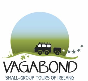 Vagabond small-group tours of Ireland. Graphic of small black bus and trailer, stars, shamrocks.